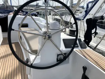 Cockpit of Freyja, a Jeanneau Sun Odyssey 519 sailboat at Seget Donji, Croatia