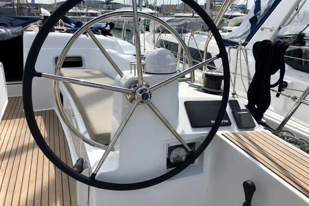 Cockpit of Freyja, a Jeanneau Sun Odyssey 519 sailboat at Seget Donji, Croatia