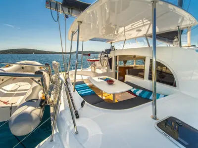 Deck of Maestro, a Lagoon 380 catamaran at Municipal Unit of Lefkada, Greece