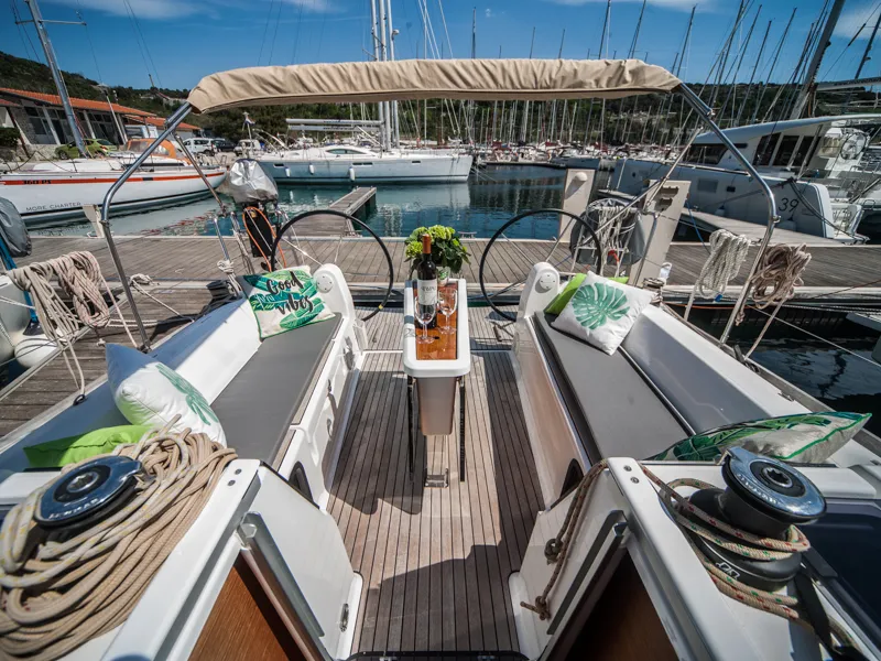 Cockpit of Ronja, a Dufour 350 Grand Large sailboat at Primošten, Croatia