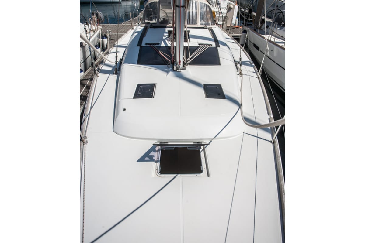 Deck of Ronja, a Dufour 350 Grand Large sailboat at Primošten, Croatia