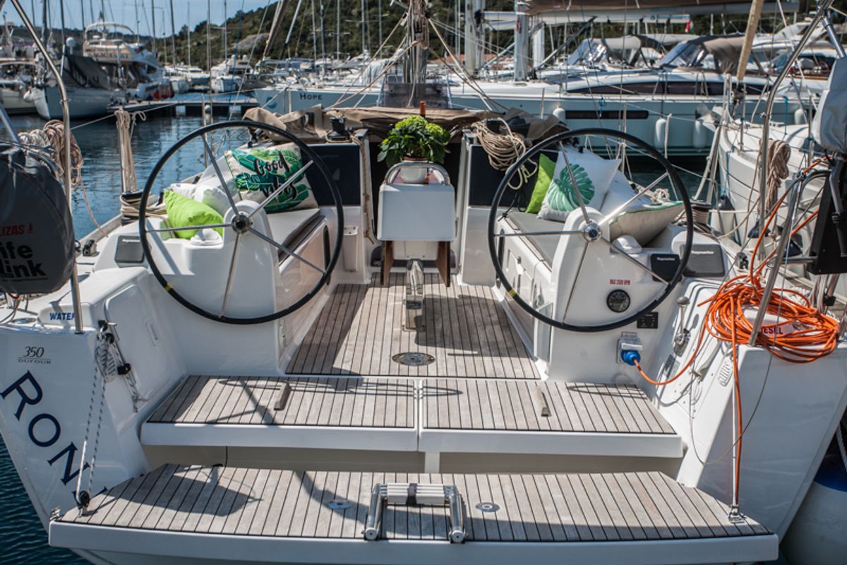Cockpit of Ronja, a Dufour 350 Grand Large sailboat at Primošten, Croatia