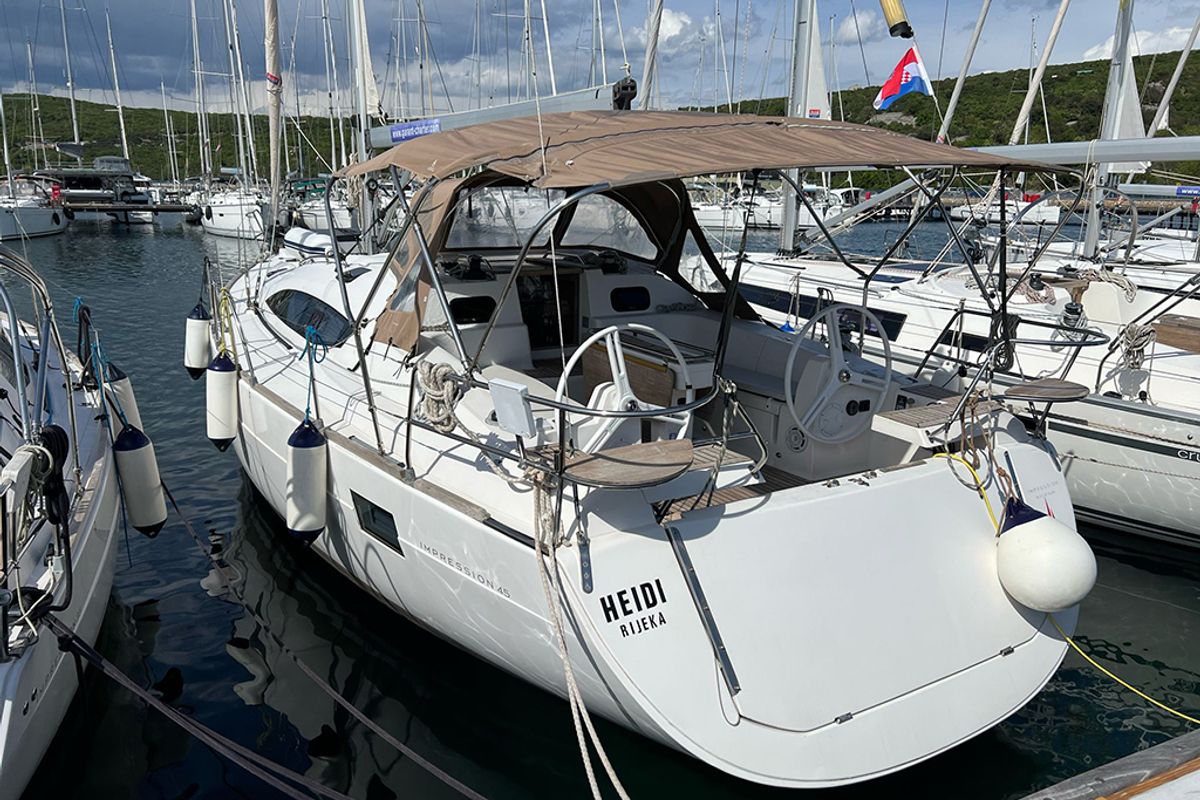 Exterior view of Heidi, a Elan Impression 45 sailboat at Punat, Croatia