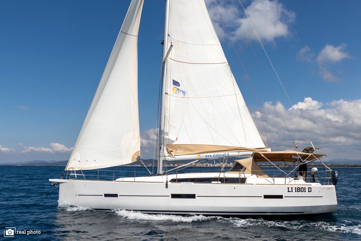 Exterior view of Asia, a Dufour 460 GL sailboat at Puntone di Scarlino, Italy