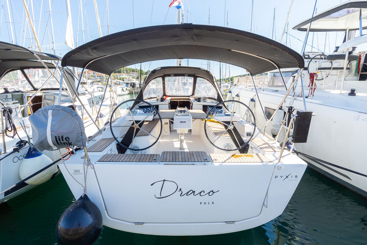 Exterior view of Draco, a Dufour 360 Grand Large sailboat at Grad Pula, Croatia