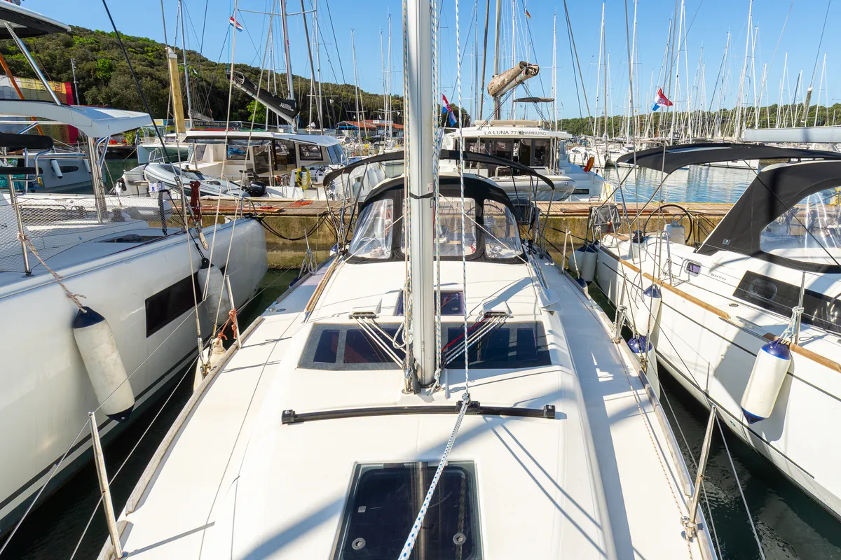 Exterior view of Draco, a Dufour 360 Grand Large sailboat at Grad Pula, Croatia