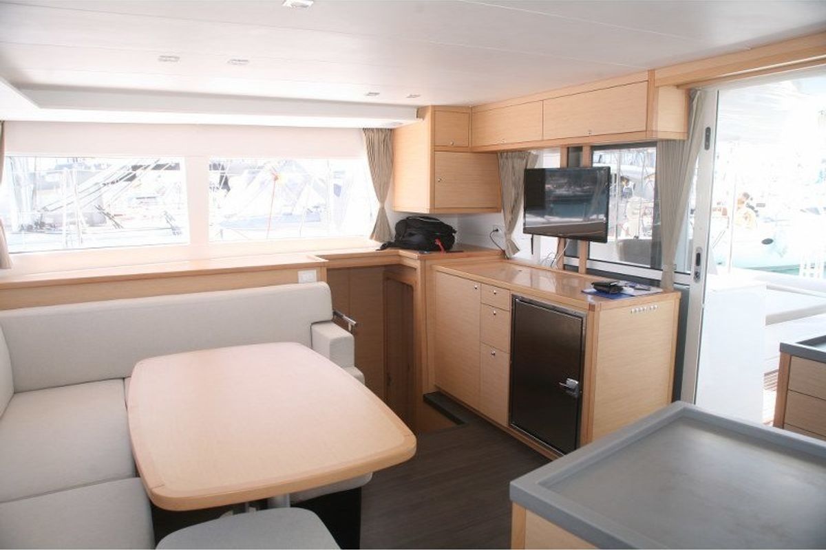 Salon of Athina (Pax 12), a Lagoon 450 Fly catamaran at Municipal Unit of Lefkada, Greece