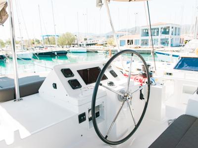 Cockpit of Athina (Pax 12), a Lagoon 450 Fly catamaran at Municipal Unit of Lefkada, Greece