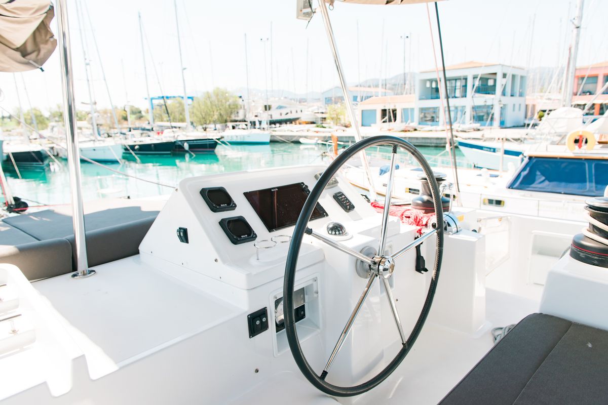 Cockpit of Athina (Pax 12), a Lagoon 450 Fly catamaran at Municipal Unit of Lefkada, Greece