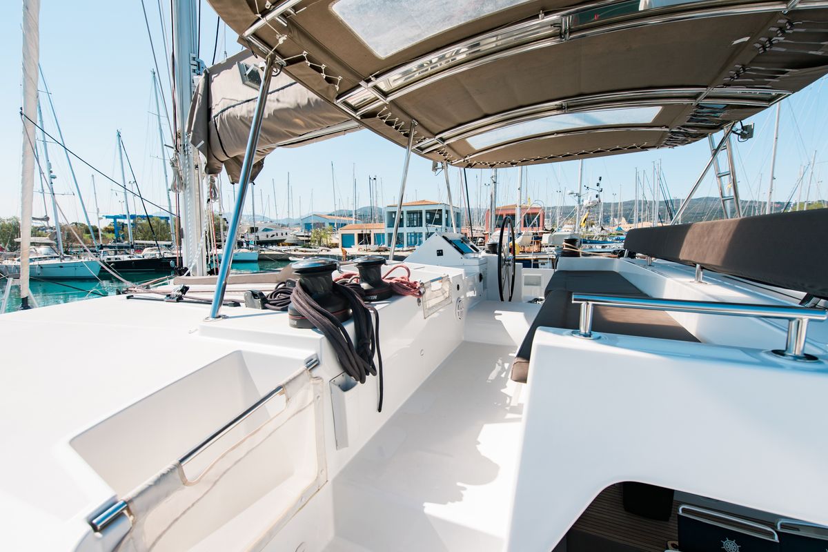 Deck of Athina (Pax 12), a Lagoon 450 Fly catamaran at Municipal Unit of Lefkada, Greece
