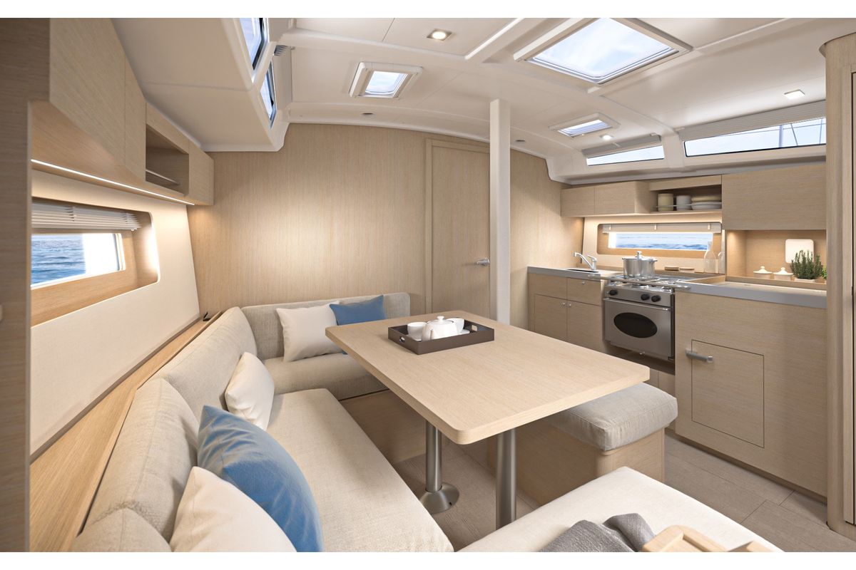 Salon of Aurora - Comfort line, a Beneteau Oceanis 37.1 sailboat at Capo d'Orlando, Italy