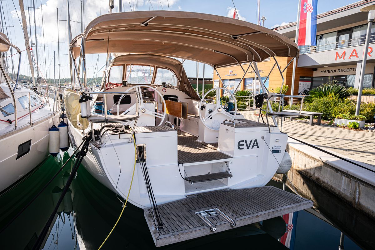 Deck of Eva, a Elan Impression 45.1 sailboat at Pirovac, Croatia