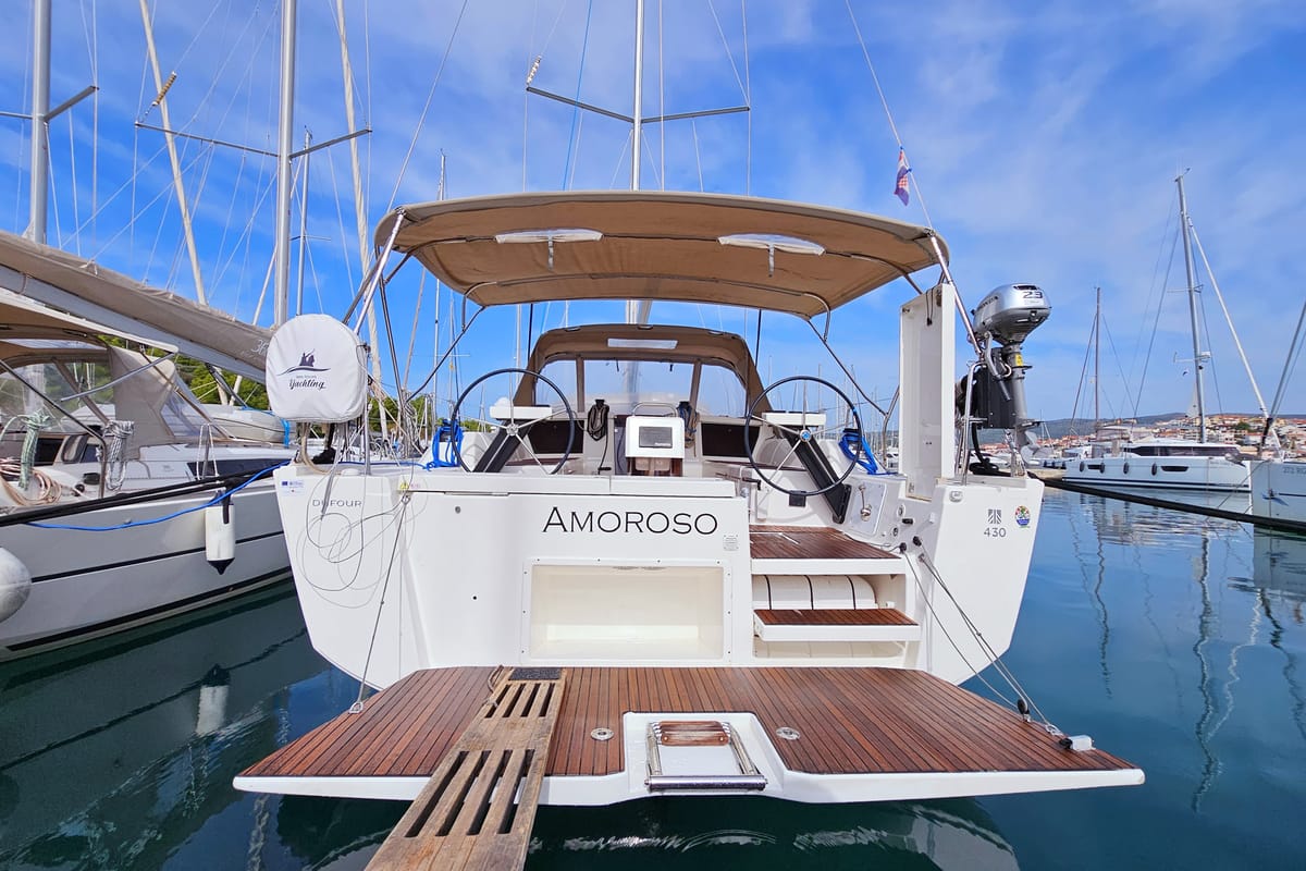 Exterior view of Amoroso, a Dufour 430 GL sailboat at Općina Rogoznica, Croatia