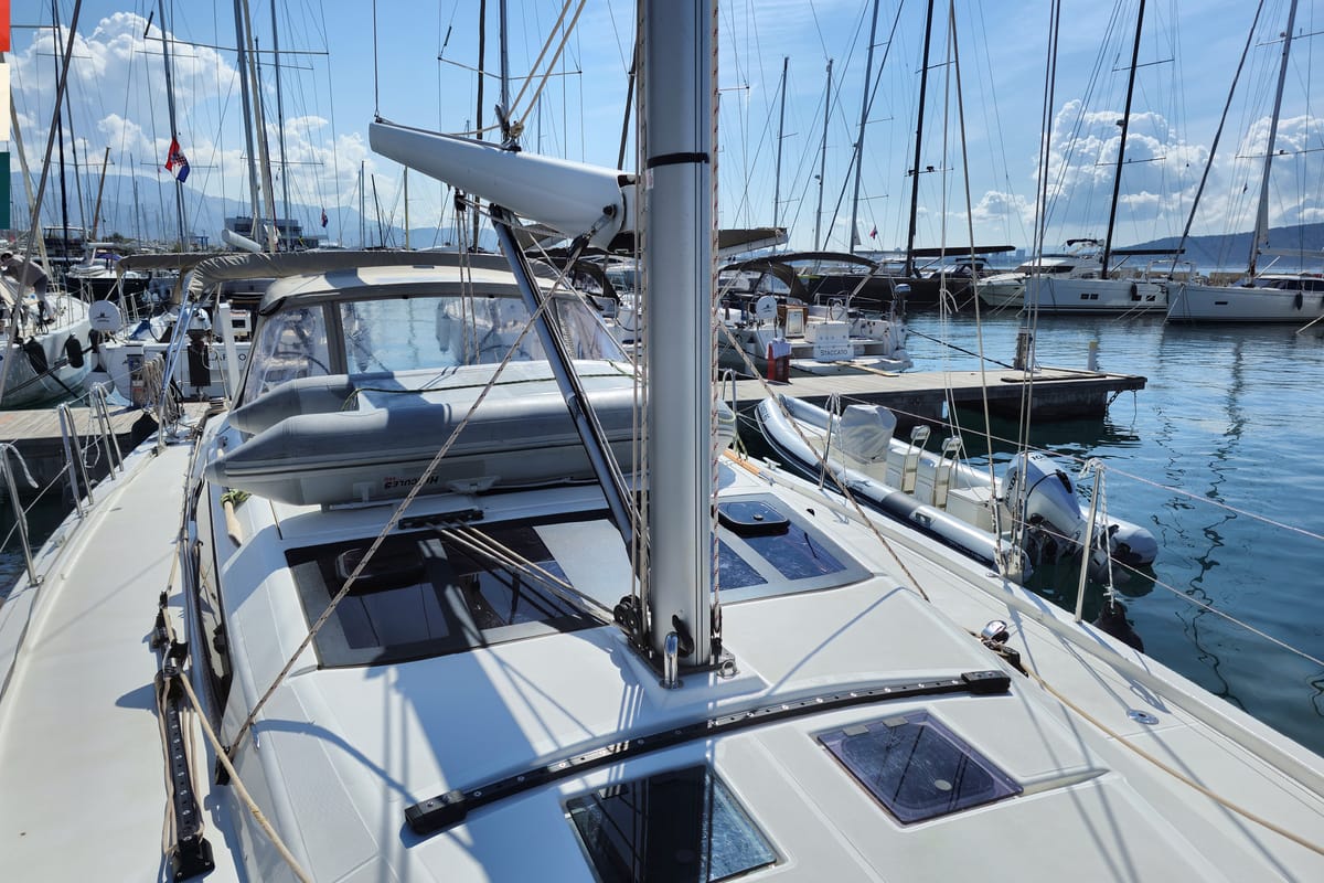 Exterior view of Amoroso, a Dufour 430 GL sailboat at Općina Rogoznica, Croatia
