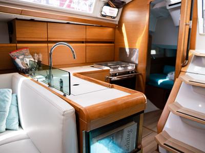 Galley of Izzi, a Jeanneau Sun Odyssey 419 sailboat at Municipal Unit of Lefkada, Greece
