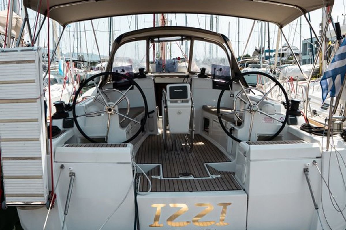 Cockpit of Izzi, a Jeanneau Sun Odyssey 419 sailboat at Municipal Unit of Lefkada, Greece