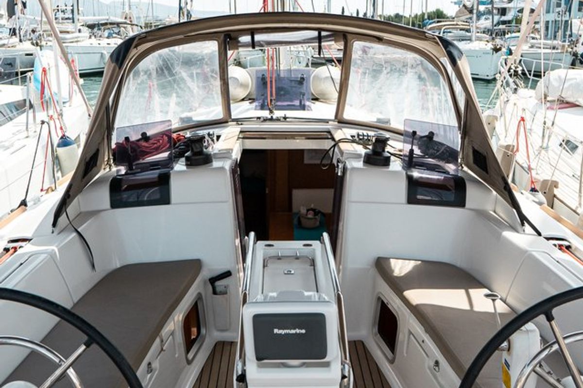 Cockpit of Izzi, a Jeanneau Sun Odyssey 419 sailboat at Municipal Unit of Lefkada, Greece