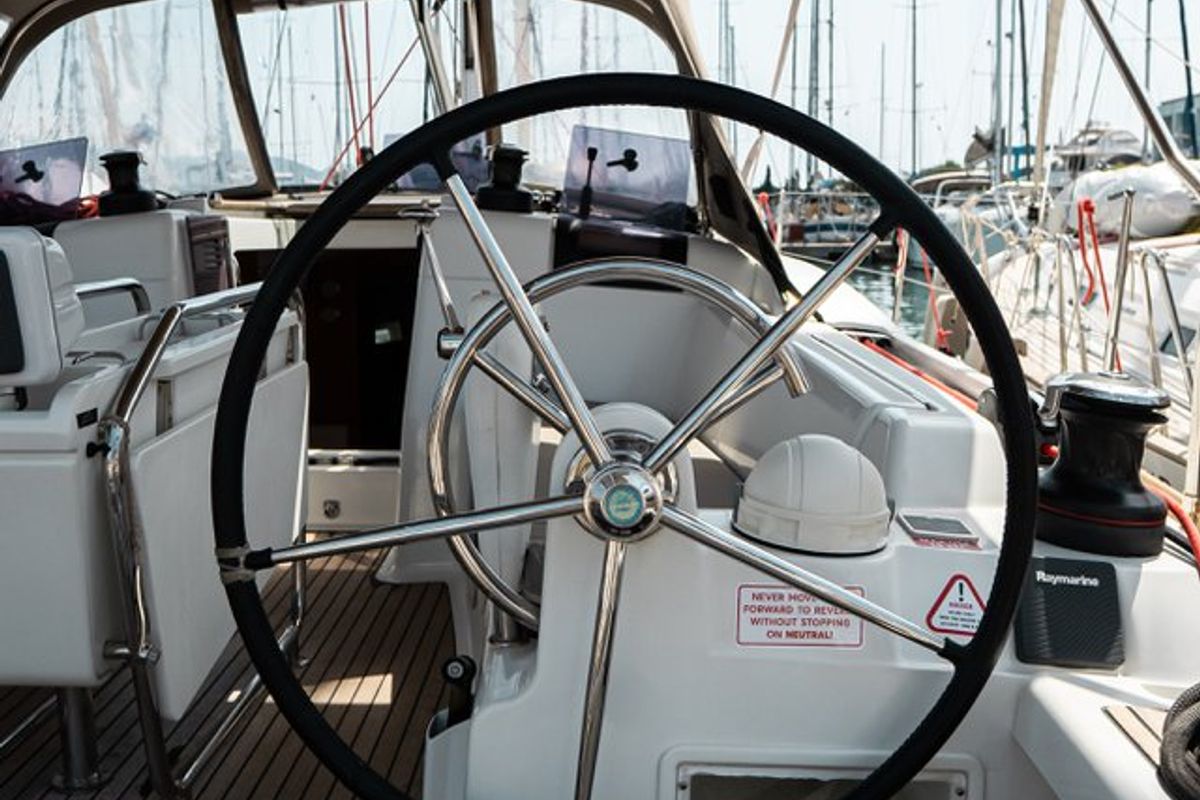 Cockpit of Izzi, a Jeanneau Sun Odyssey 419 sailboat at Municipal Unit of Lefkada, Greece