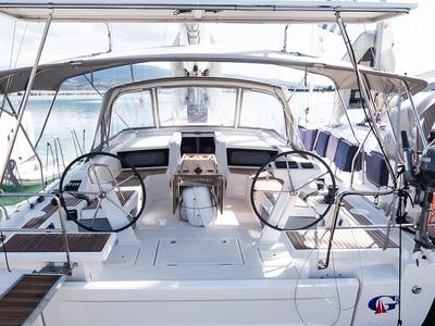 Cockpit of PHORKYS GEN + A.C, a Beneteau Oceanis 46.1 sailboat at Municipal Unit of Lefkada, Greece