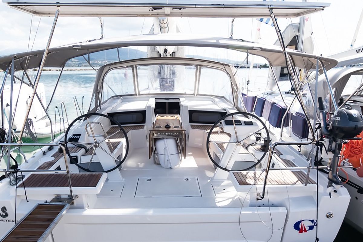 Cockpit of PHORKYS GEN + A.C, a Beneteau Oceanis 46.1 sailboat at Municipal Unit of Lefkada, Greece