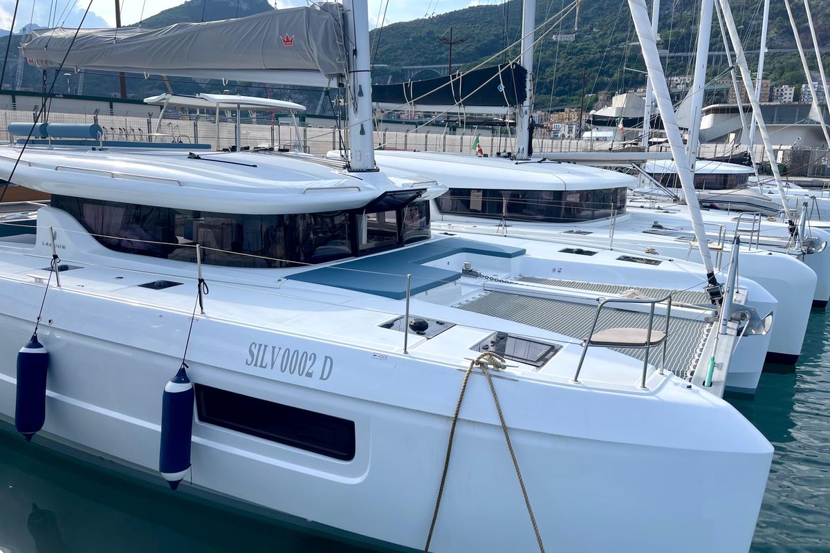 Exterior view of Buongiorno principessa, a Lagoon 43 catamaran at Salerno, Italy