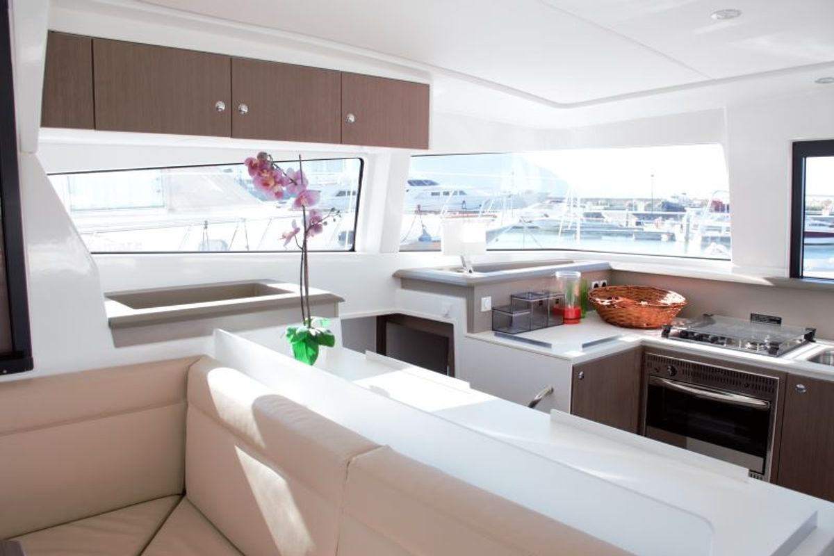 Salon of Fasteam Two, a Bali 4.3 catamaran at Castellammare di Stabia, Italy