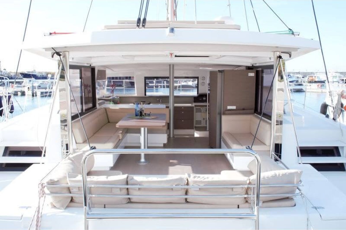 Deck of Fasteam Two, a Bali 4.3 catamaran at Castellammare di Stabia, Italy
