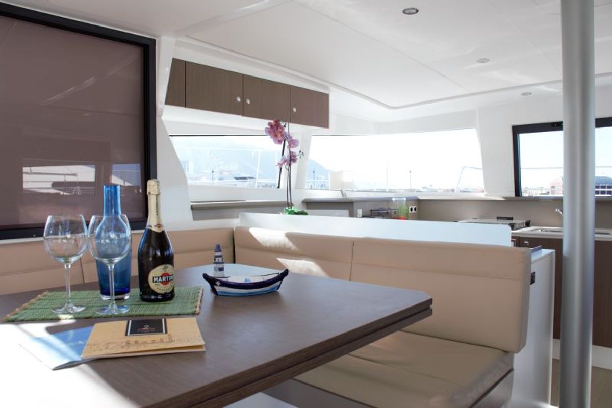 Salon of Fasteam Two, a Bali 4.3 catamaran at Castellammare di Stabia, Italy