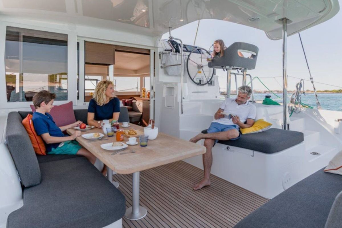 Deck of Mary Grace, a Lagoon 40 catamaran at Municipal Unit of Lefkada, Greece