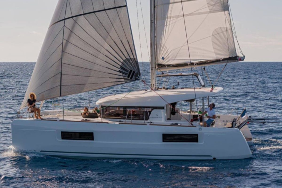 Exterior view of Mary Grace, a Lagoon 40 catamaran at Municipal Unit of Lefkada, Greece