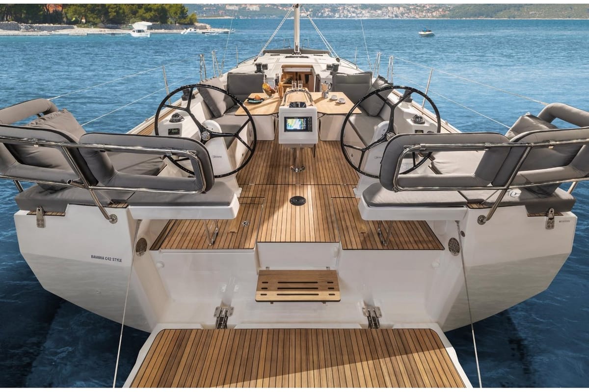 Exterior view of Sail Scorpius, a Bavaria C42 sailboat at Marmaris, Turkey