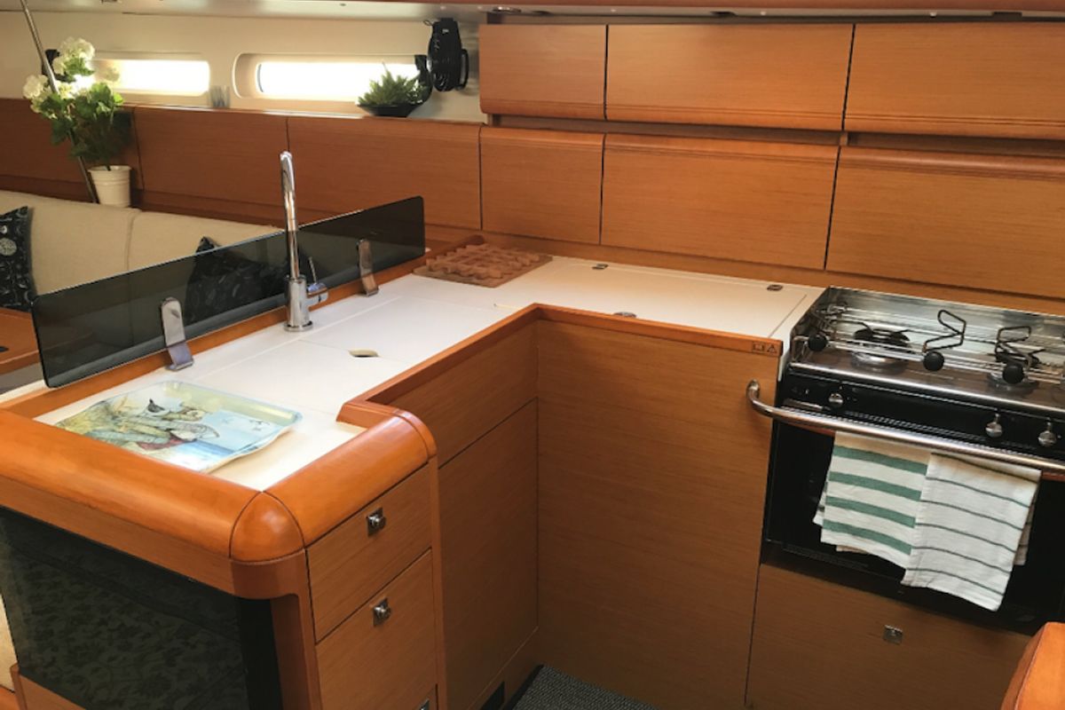 Galley of Korinne, a Jeanneau Sun Odyssey 409 sailboat at Kontokali, Greece