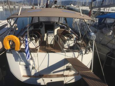 Cockpit of Korinne, a Jeanneau Sun Odyssey 409 sailboat at Kontokali, Greece
