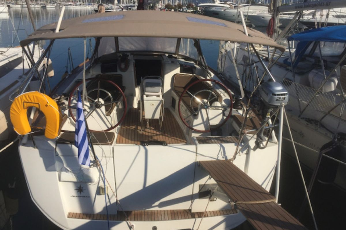 Cockpit of Korinne, a Jeanneau Sun Odyssey 409 sailboat at Kontokali, Greece