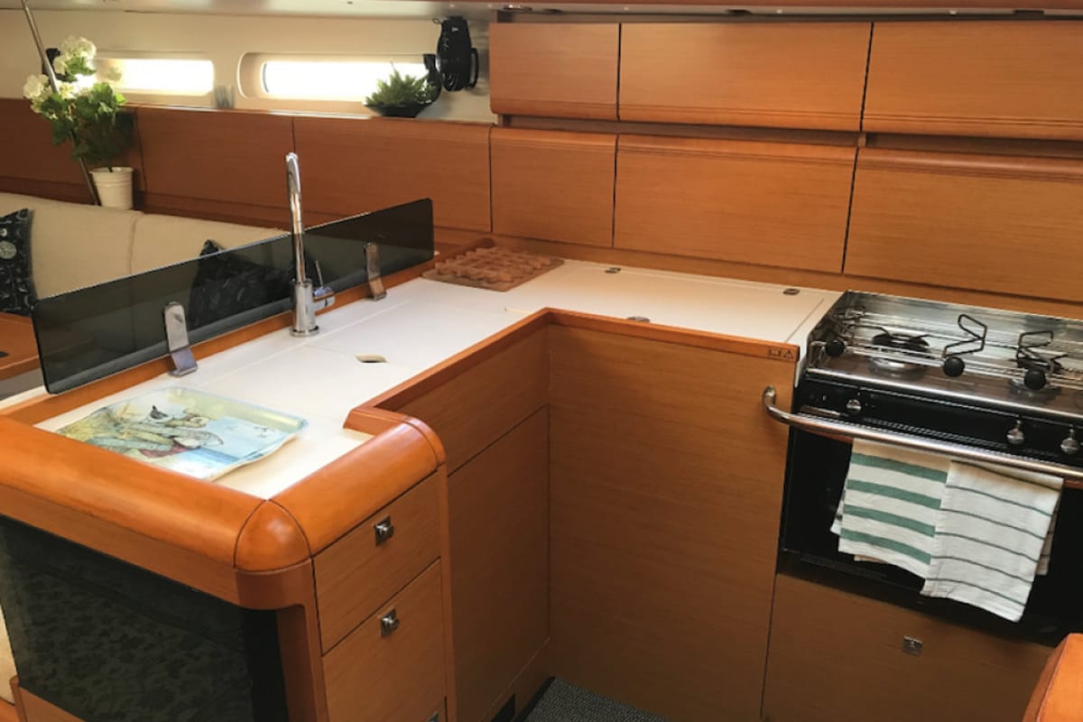 Galley of Korinne, a Jeanneau Sun Odyssey 409 sailboat at Kontokali, Greece