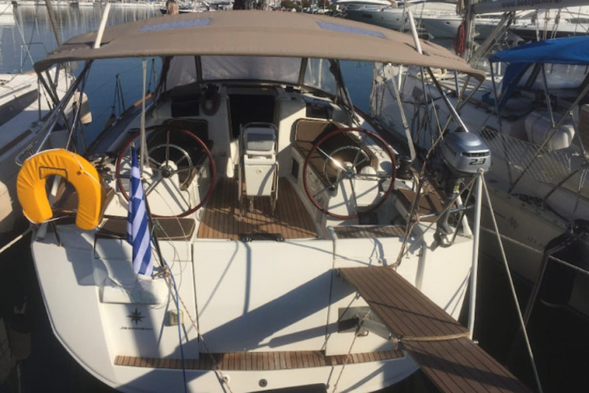 Exterior view of Korinne, a Jeanneau Sun Odyssey 409 sailboat at Kontokali, Greece