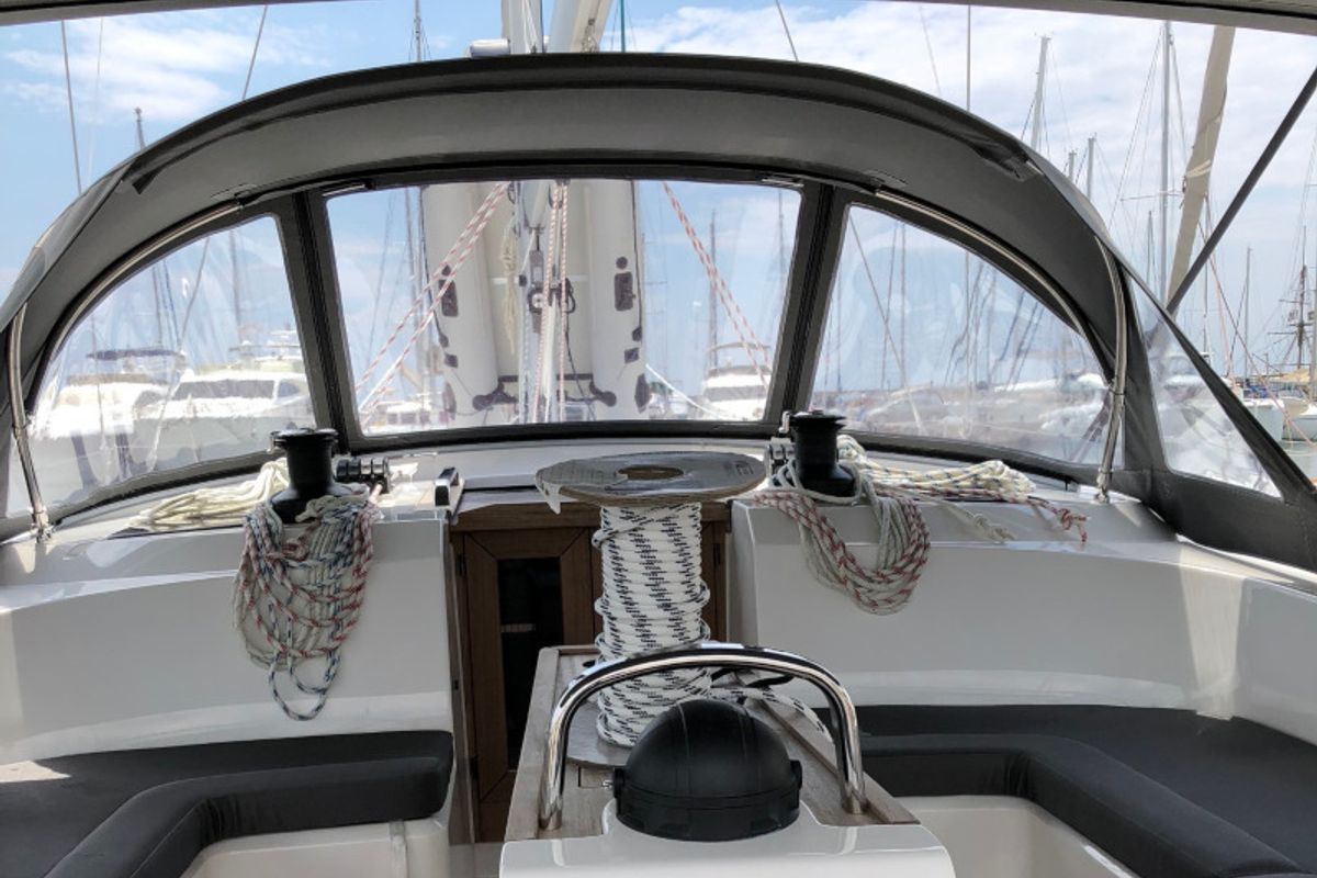 Deck of Alma Libre III, a Bavaria Cruiser 51 sailboat at Municipal Unit of Lefkada, Greece
