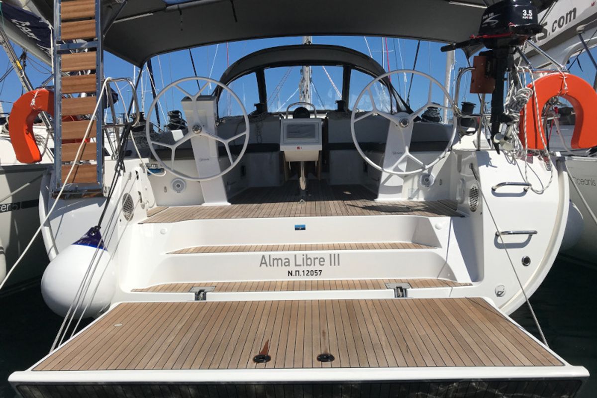 Exterior view of Alma Libre III, a Bavaria Cruiser 51 sailboat at Municipal Unit of Lefkada, Greece