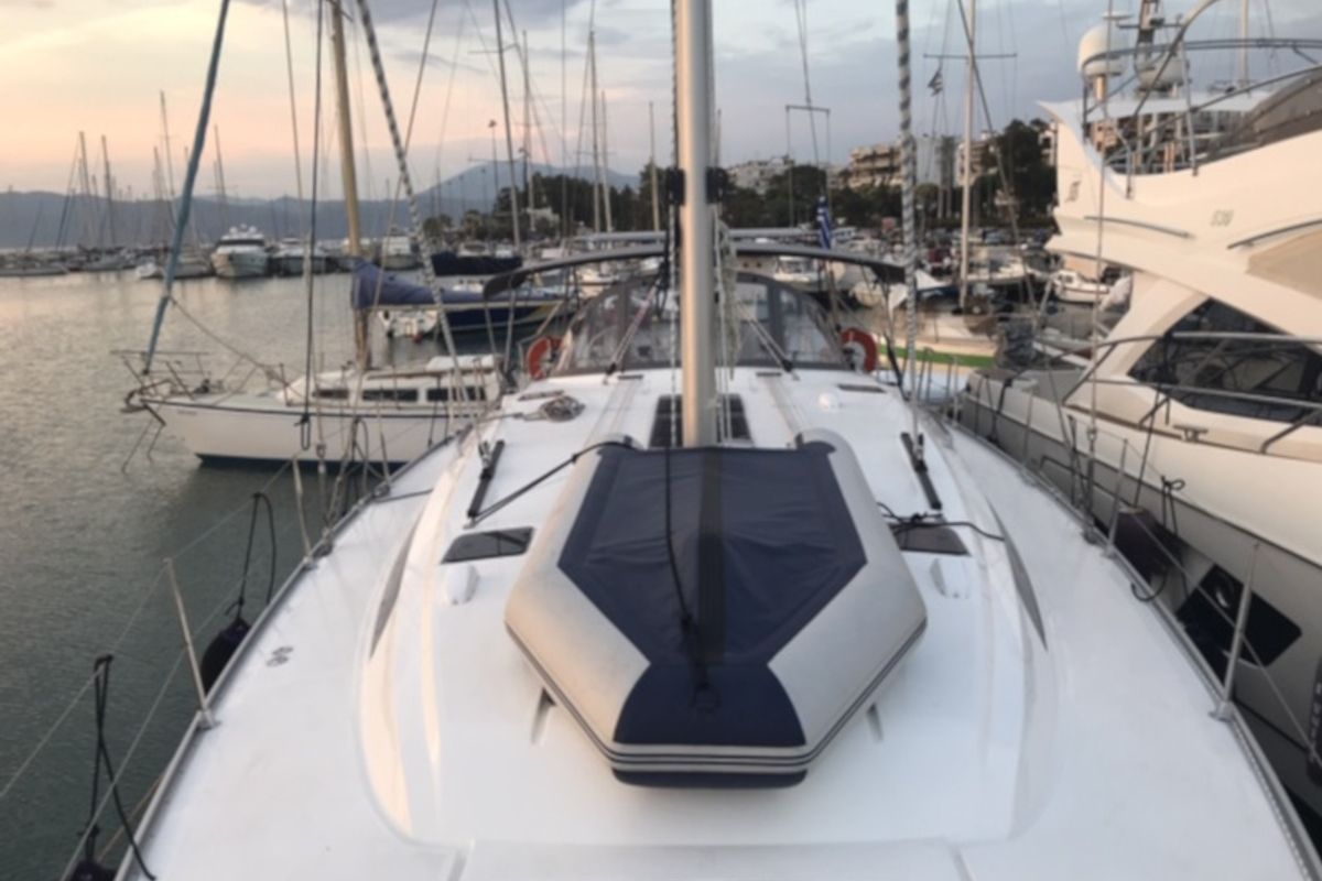 Deck of Alma Libre III, a Bavaria Cruiser 51 sailboat at Municipal Unit of Lefkada, Greece