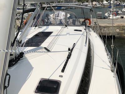 Deck of Alma Libre III, a Bavaria Cruiser 51 sailboat at Municipal Unit of Lefkada, Greece