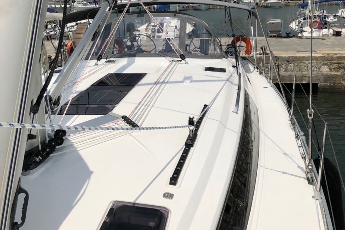 Deck of Alma Libre III, a Bavaria Cruiser 51 sailboat at Municipal Unit of Lefkada, Greece