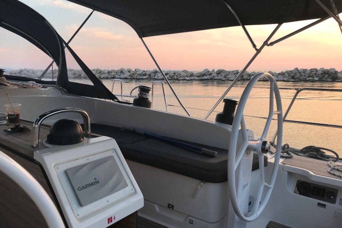 Cockpit of Alma Libre III, a Bavaria Cruiser 51 sailboat at Municipal Unit of Lefkada, Greece