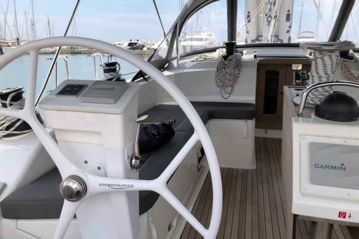 Cockpit of Alma Libre III, a Bavaria Cruiser 51 sailboat at Municipal Unit of Lefkada, Greece