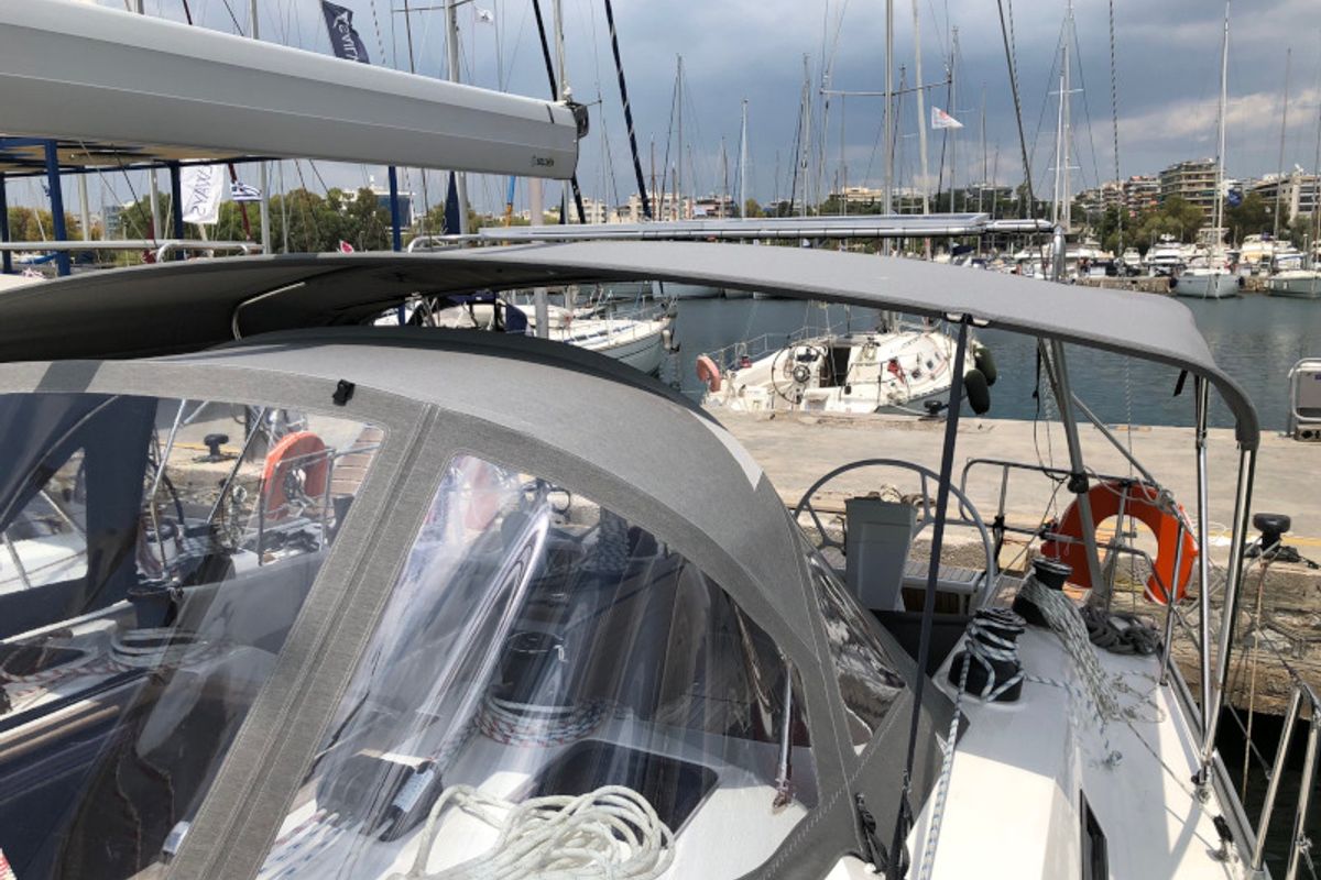 Deck of Alma Libre III, a Bavaria Cruiser 51 sailboat at Municipal Unit of Lefkada, Greece