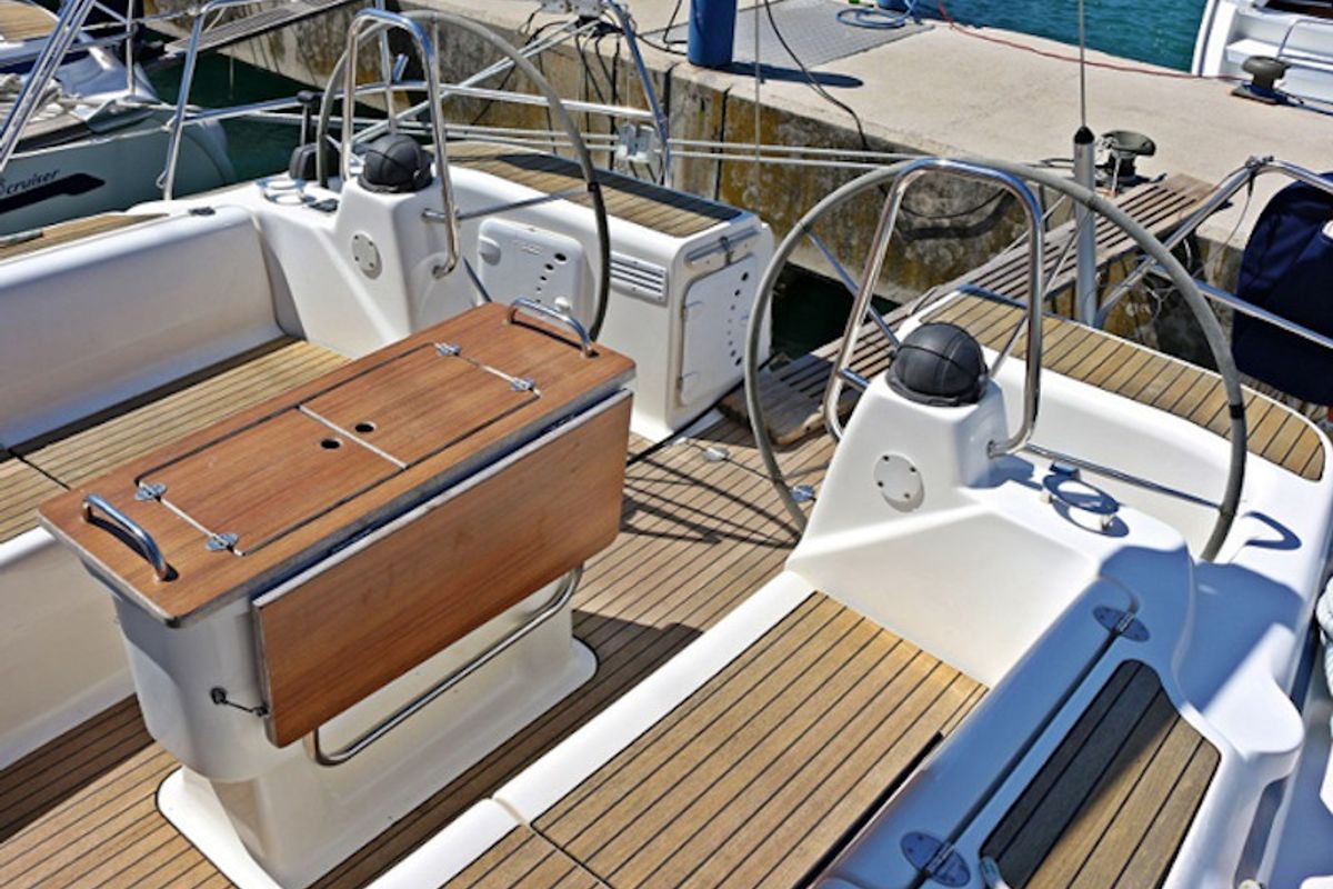 Cockpit of Biki, a Bavaria 46 sailboat at Pisticci, Italy