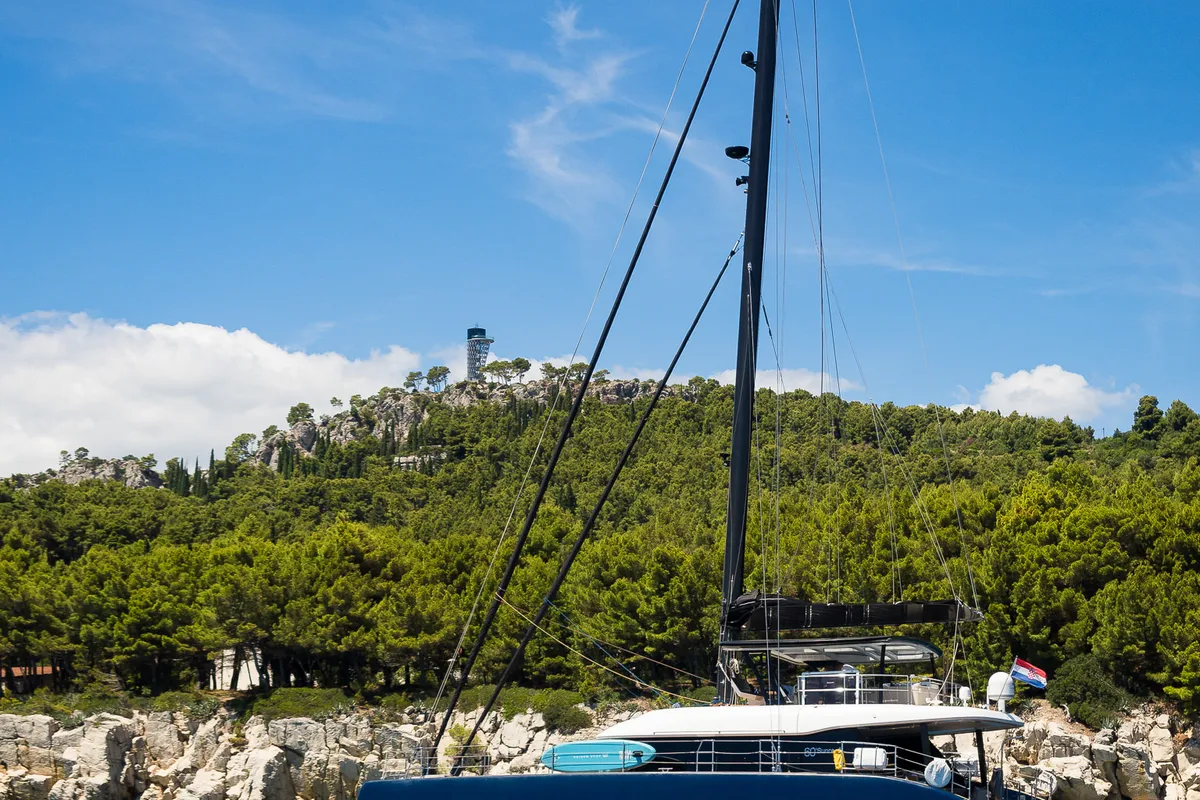 Exterior view of Dessus, a Sunreef Yachts Sunreef 60 catamaran at Grad Kaštela, Croatia