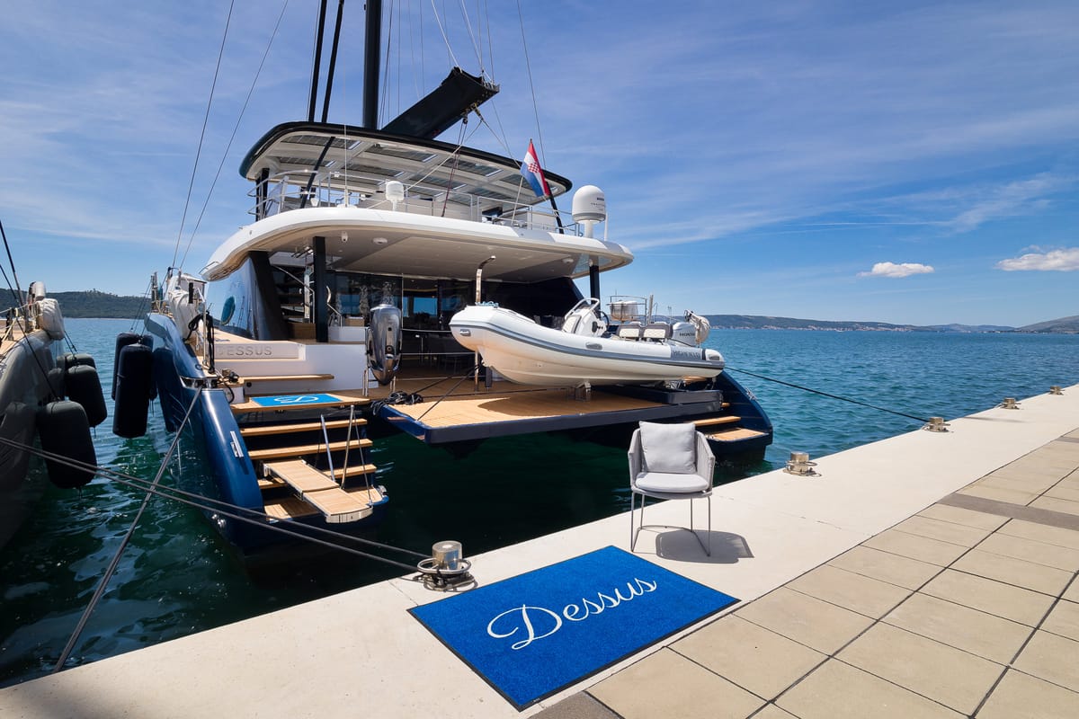 Exterior view of Dessus, a Sunreef Yachts Sunreef 60 catamaran at Grad Kaštela, Croatia