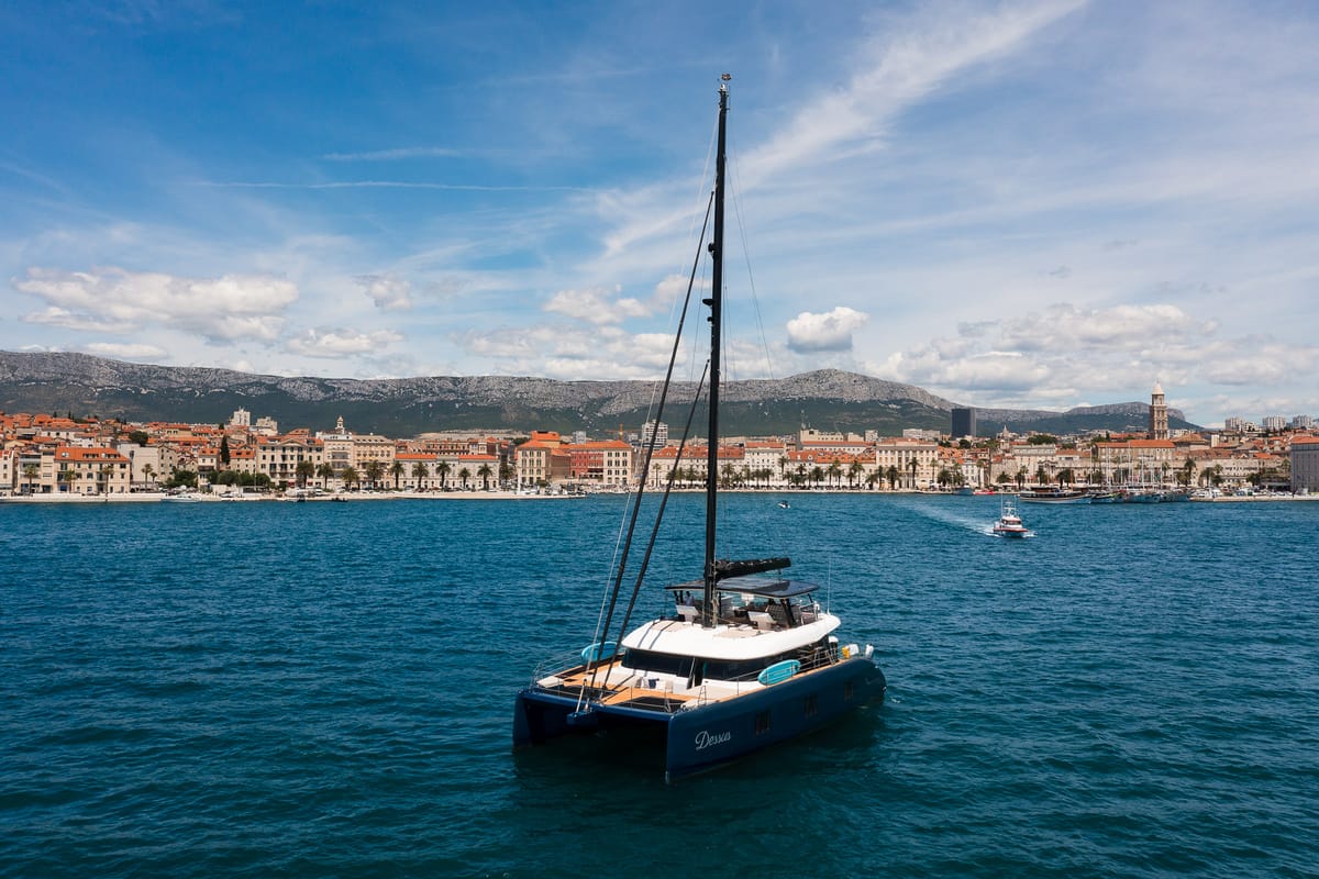 Exterior view of Dessus, a Sunreef Yachts Sunreef 60 catamaran at Grad Kaštela, Croatia