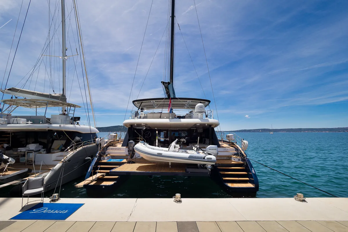 Exterior view of Dessus, a Sunreef Yachts Sunreef 60 catamaran at Grad Kaštela, Croatia