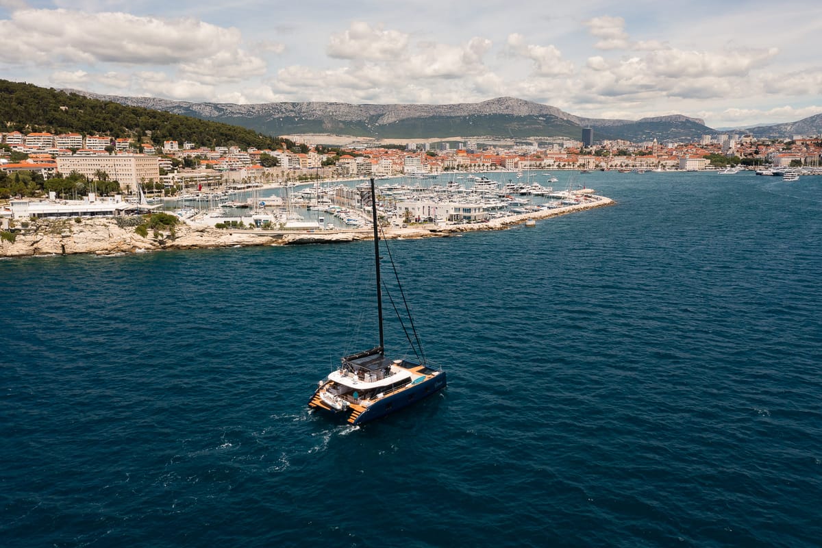 Exterior view of Dessus, a Sunreef Yachts Sunreef 60 catamaran at Grad Kaštela, Croatia